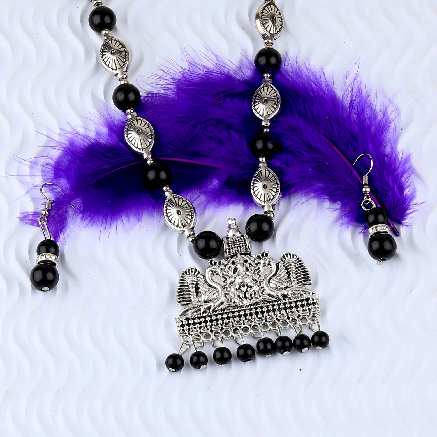     			SILVERSHINE Adjustable Silver Plated With Black Pearl Designer Pendant mala set for Women girl