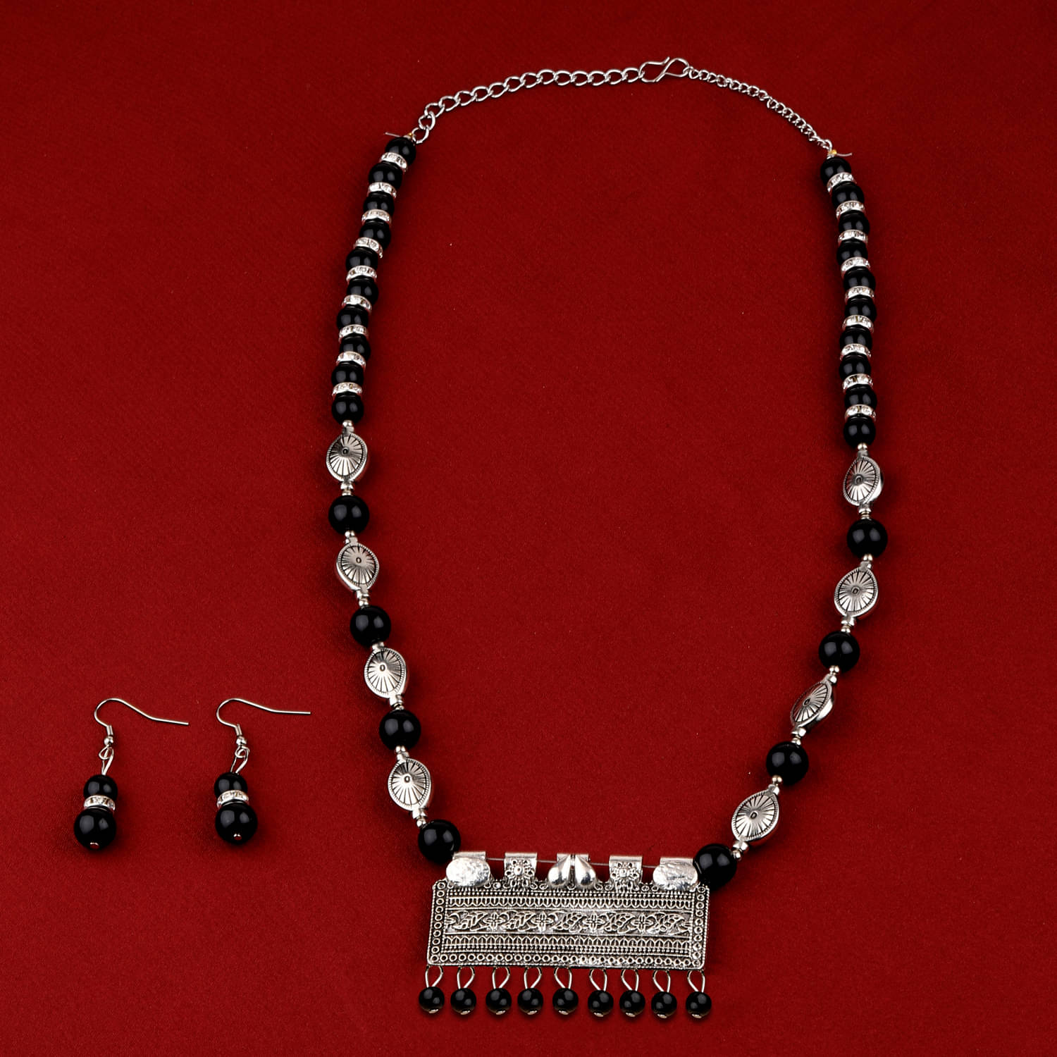 SILVERSHINE Adjustable Silver Plated With Black Pearl Pendant mala set for Women girl SILVERSHINE Adjustable Silver Plated With Black Pearl Pendant mala set for Women girl