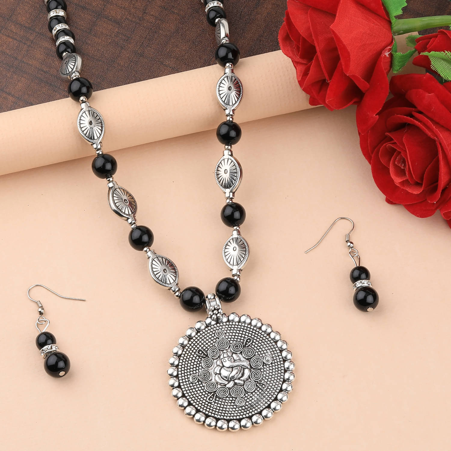     			SILVERSHINE Adjustable Silver Plated With Black Pearl Ganeshji  Pendant mala set for Women girl