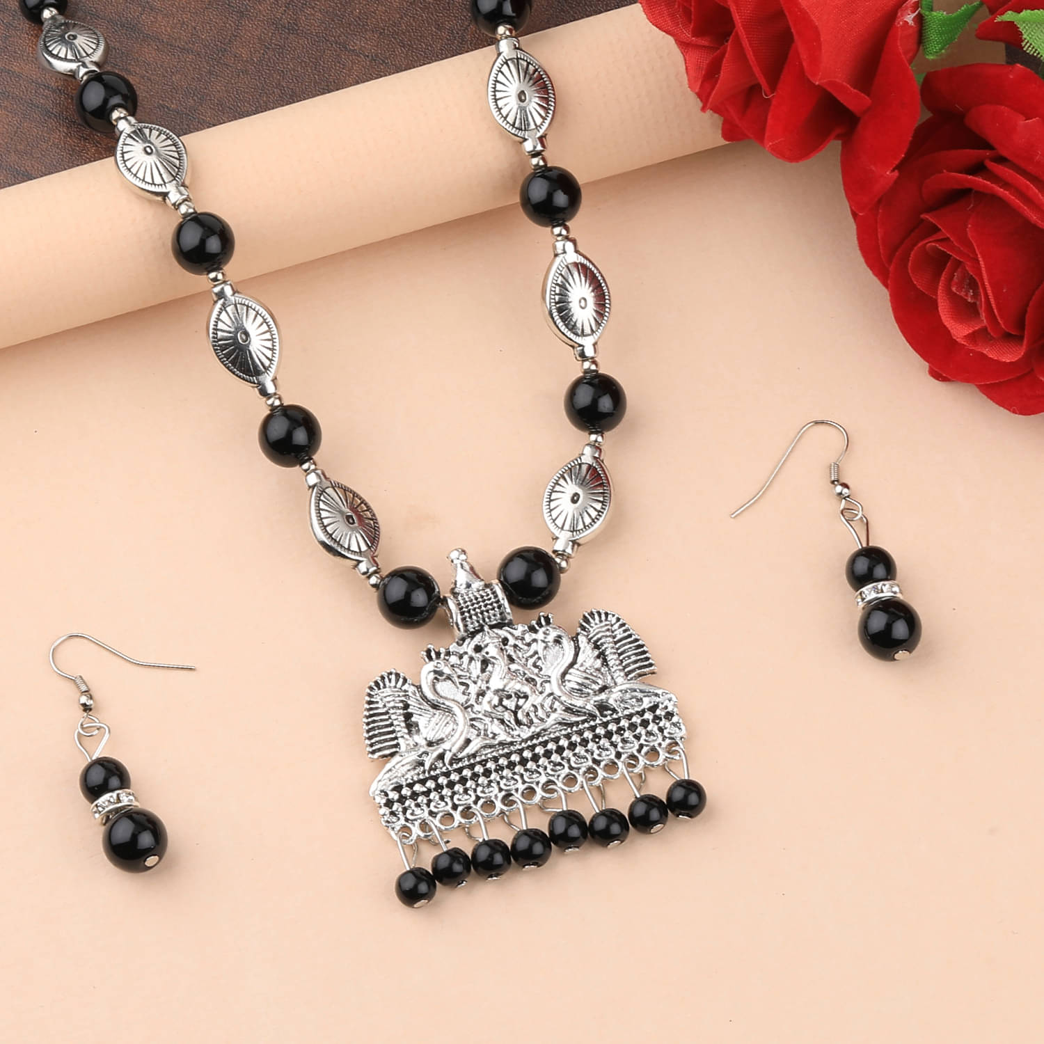     			SILVERSHINE Adjustable Silver Plated With Black Pearl Designer Pendant mala set for Women girl