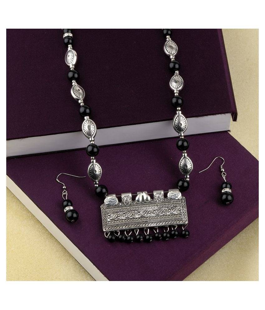 SILVERSHINE Adjustable Silver Plated With Black Pearl Pendant mala set for Women girl SILVERSHINE Adjustable Silver Plated With Black Pearl Pendant mala set for Women girl