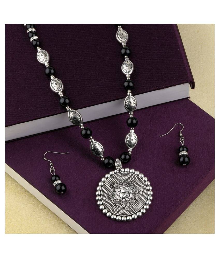 SILVERSHINE Adjustable Silver Plated With Black Pearl Ganeshji Pendant mala set for Women girl SILVERSHINE Adjustable Silver Plated With Black Pearl Ganeshji Pendant mala set for Women girl