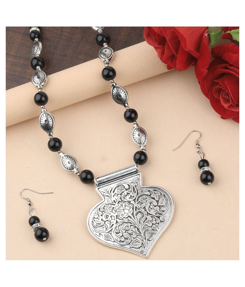 SILVERSHINE Adjustable Silver Plated With Black Pearl Pendant mala set for Women girl SILVERSHINE Adjustable Silver Plated With Black Pearl Pendant mala set for Women girl