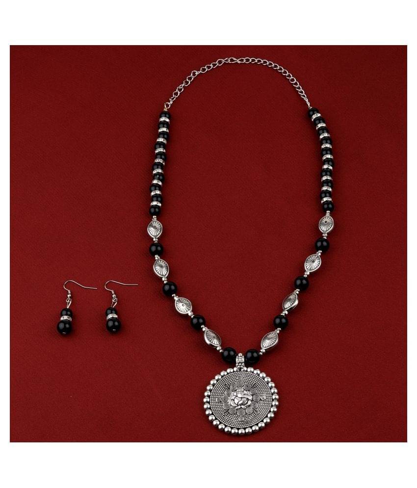 SILVERSHINE Adjustable Silver Plated With Black Pearl Ganeshji Pendant mala set for Women girl SILVERSHINE Adjustable Silver Plated With Black Pearl Ganeshji Pendant mala set for Women girl