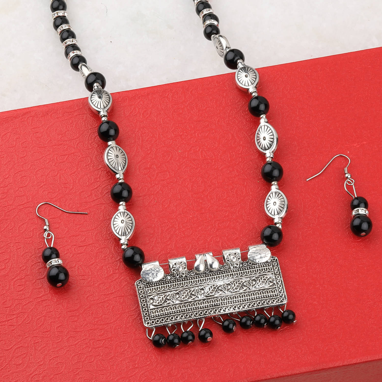 SILVERSHINE Adjustable Silver Plated With Black Pearl Pendant mala set for Women girl SILVERSHINE Adjustable Silver Plated With Black Pearl Pendant mala set for Women girl