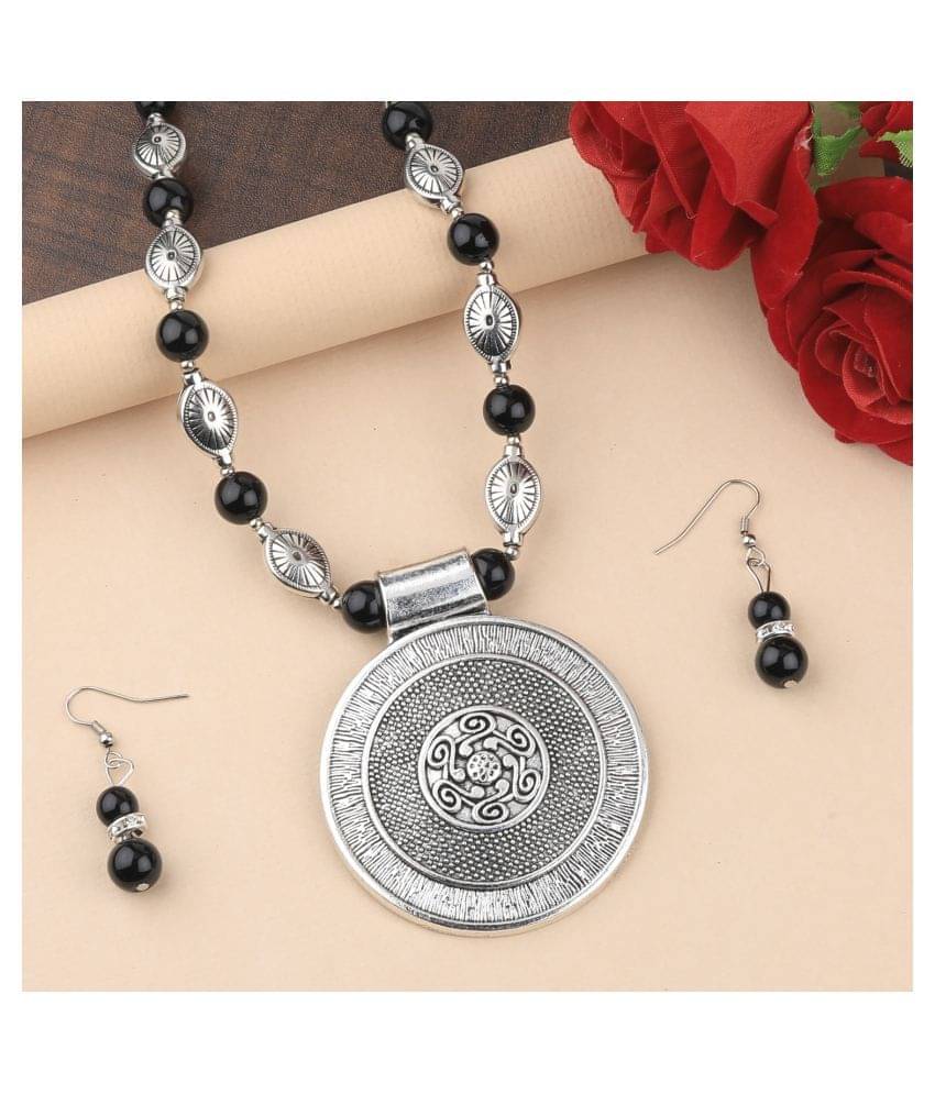 SILVERSHINE Adjustable Silver Plated With Black Pearl Fancy Look Pendant mala set for Women girl SILVERSHINE Adjustable Silver Plated With Black Pearl Fancy Look Pendant mala set for Women girl