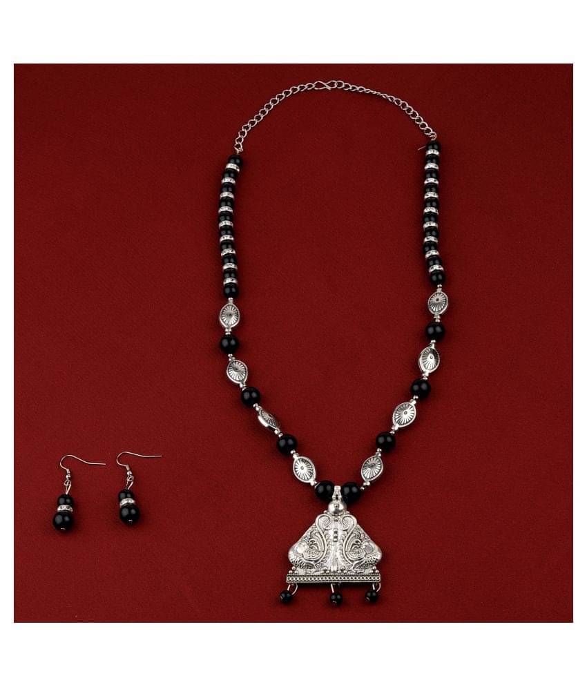     			SILVERSHINE Adjustable Silver Plated With Black Pearl  Pendant mala set for Women girl