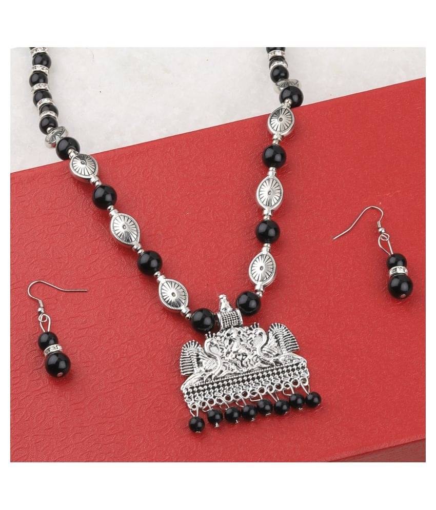 SILVERSHINE Adjustable Silver Plated With Black Pearl Designer Pendant mala set for Women girl SILVERSHINE Adjustable Silver Plated With Black Pearl Designer Pendant mala set for Women girl