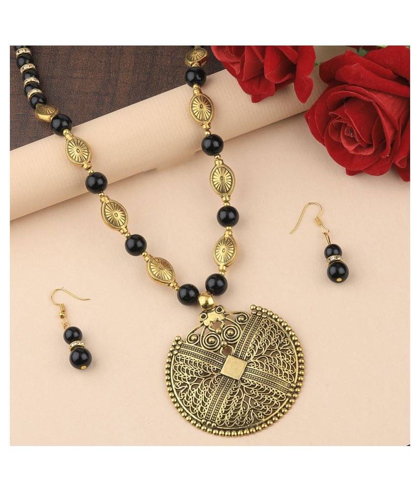 SILVERSHINE Designer Adjustable Fancy look Gold Oxidised Pendant Black Pearl mala set for Women girl SILVERSHINE Designer Adjustable Fancy look Gold Oxidised Pendant Black Pearl mala set for Women girl
