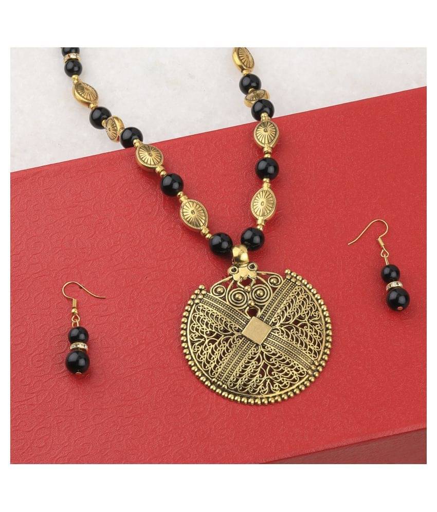 SILVERSHINE Designer Adjustable Fancy look Gold Oxidised Pendant Black Pearl mala set for Women girl SILVERSHINE Designer Adjustable Fancy look Gold Oxidised Pendant Black Pearl mala set for Women girl
