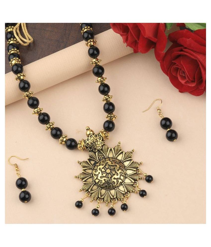 SILVERSHINE Designer Adjustable Gold Oxidised Pendant Black Pearl mala set for Women girl     			SILVERSHINE Designer Adjustable Gold Oxidised Pendant Black Pearl mala set for Women girl