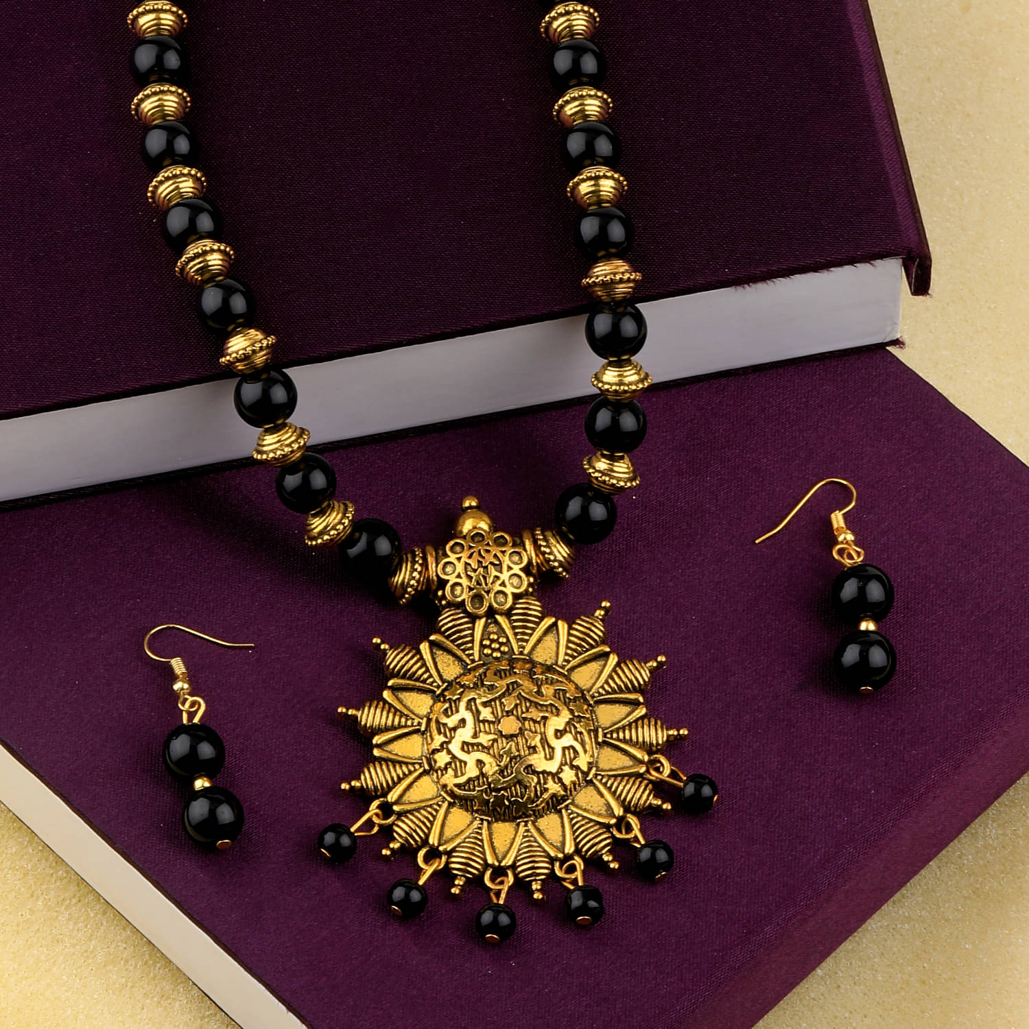 SILVERSHINE Designer Adjustable Gold Oxidised Pendant Black Pearl mala set for Women girl SILVERSHINE Designer Adjustable Gold Oxidised Pendant Black Pearl mala set for Women girl