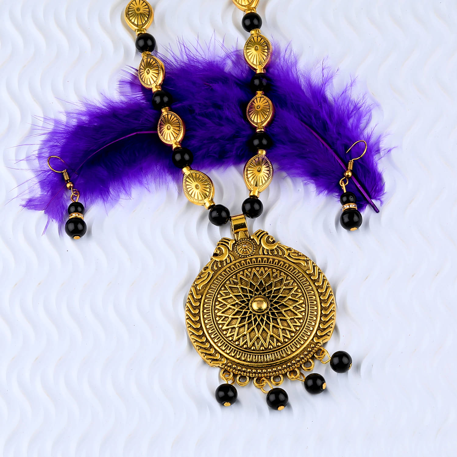     			SILVERSHINE Ethic Designer Adjustable Gold Oxidised Pendant Black Pearl mala set for Women girl