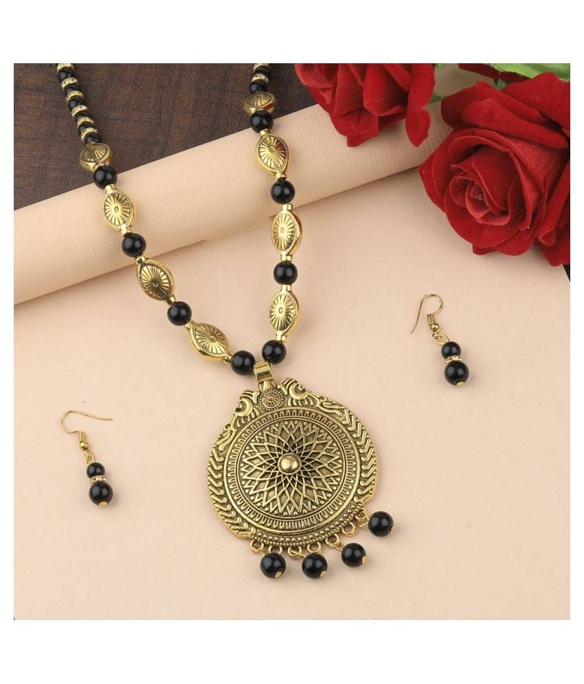 SILVERSHINE Ethic Designer Adjustable Gold Oxidised Pendant Black Pearl mala set for Women girl SILVERSHINE Ethic Designer Adjustable Gold Oxidised Pendant Black Pearl mala set for Women girl