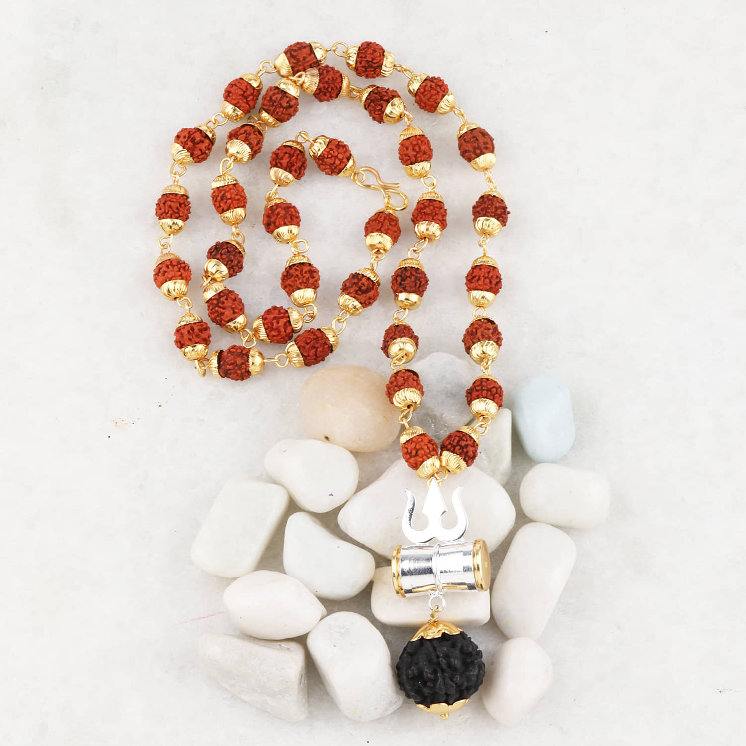 SILVER SHINE Gold Plated  Silver Trishul Locket with Rudraksha Mala for Men and Women