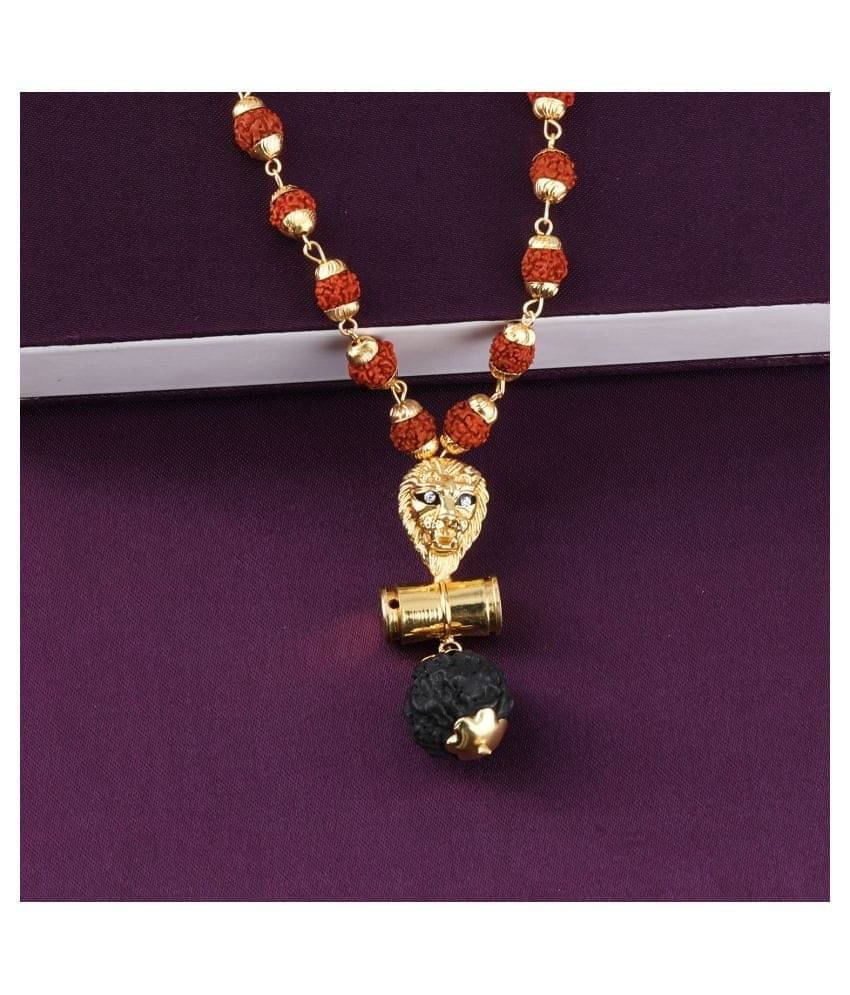     			SILVER SHINE Gold Plated  Traditional Rudraksh Mala Lion Pendant for Men and Women