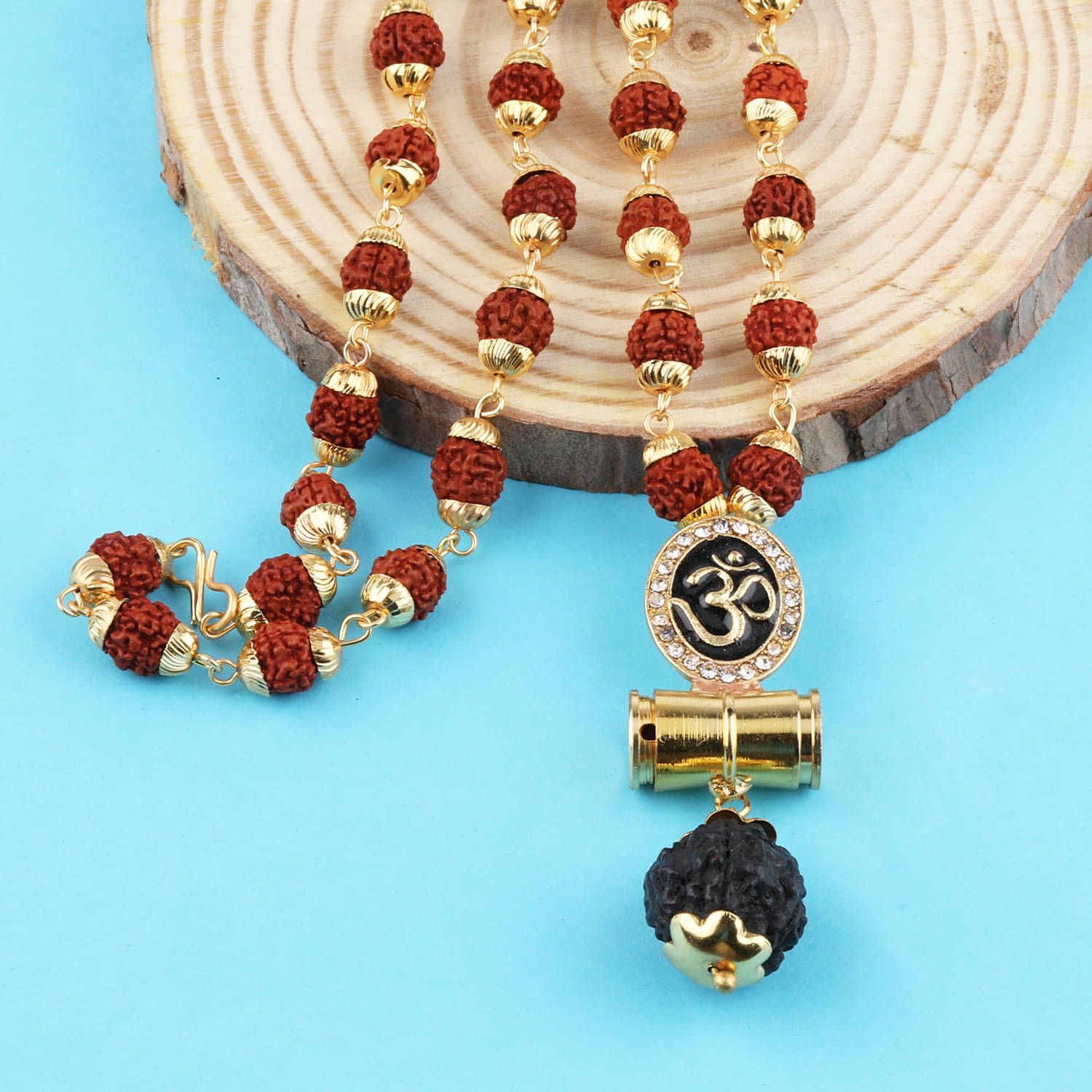 SILVER SHINE Religious Rudraksh Mala Om Gold Pendant for Men and Women SILVER SHINE Religious Rudraksh Mala Om Gold Pendant for Men and Women