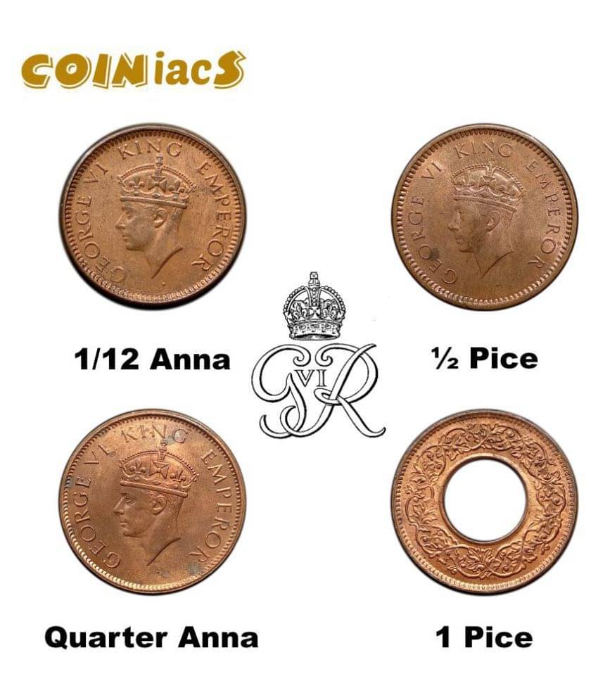     			COINIACS UNC Scarce SET of 4 Bronze Coins of George VI King (1939-46) 4 Coins SET, British India Uniform Coinage, UNC