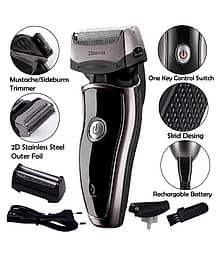 P 2in1 Men's 2 Heads 2D Chargeable Waterproof Beard Mustache Dual Floating Blade Foil Shaver ( Black )