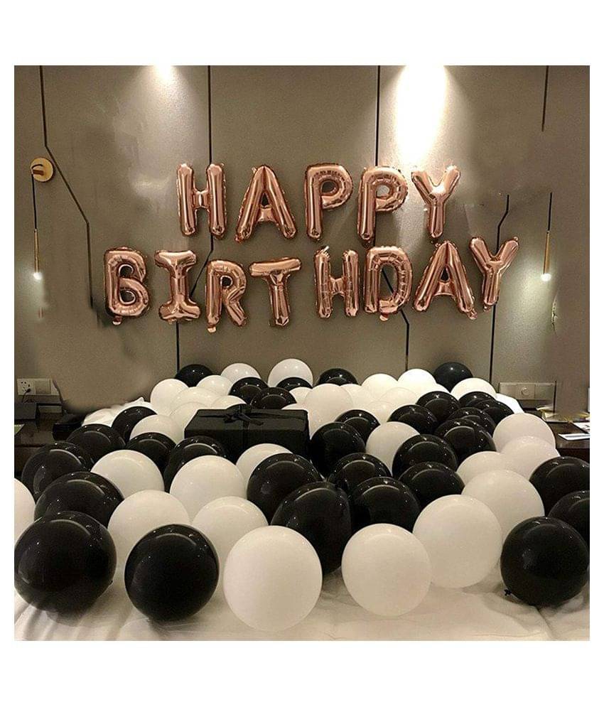     			I Q Creations Happy Birthday Letter Foil Balloon Set of Rose Gold+HD Metallic Balloons (Black and White) Pack of 30pcs for Birthday Party Decoration