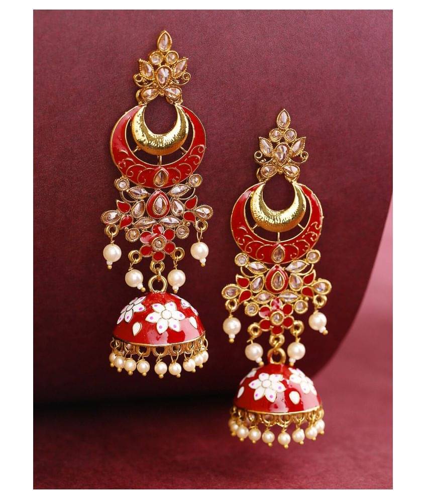     			Priyaasi Red and White Gold-Plated Traditional Drop Earrings for Women and Girls