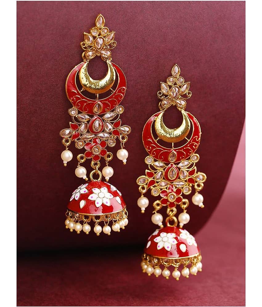 Priyaasi Red and White Gold-Plated Traditional Drop Earrings for Women and Girls - Earrings | Buy online on ZillyBuy