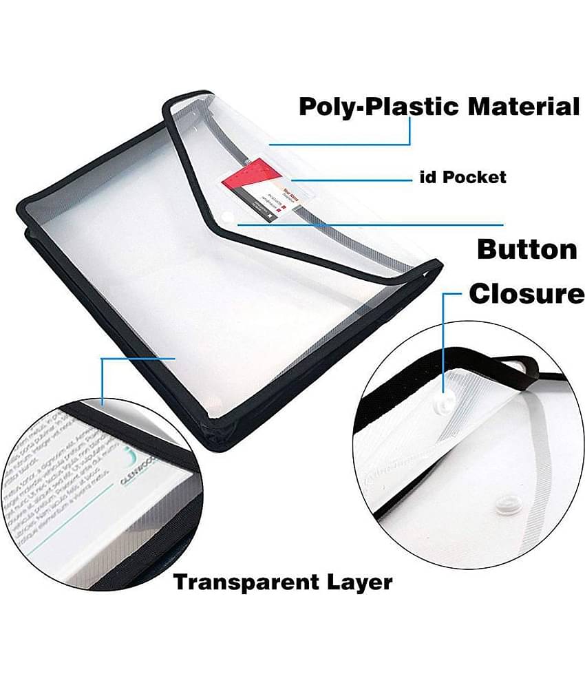 G-1 Transparent Poly-Plastic A4 Documents File Storage Bag With Snap Button Set Of 10