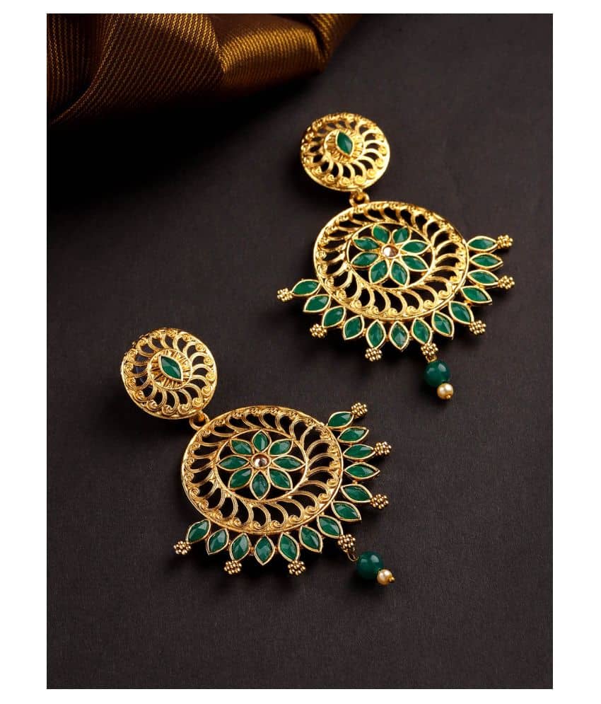 Priyaasi Traditional Green Coloured Stone Gold Plated Drop Earrings for Women and Girls - Earrings | Buy online on ZillyBuy