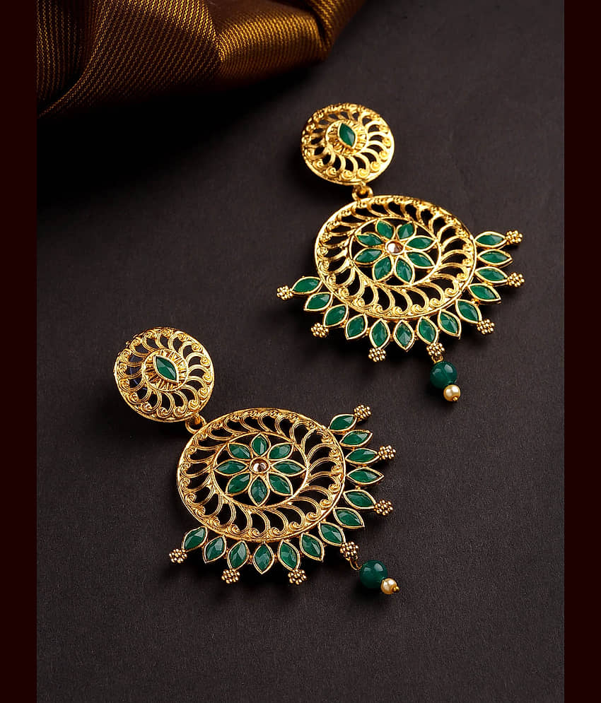 Priyaasi Traditional Green Coloured Stone Gold Plated Drop Earrings for Women and Girls - Earrings | Buy online on ZillyBuy