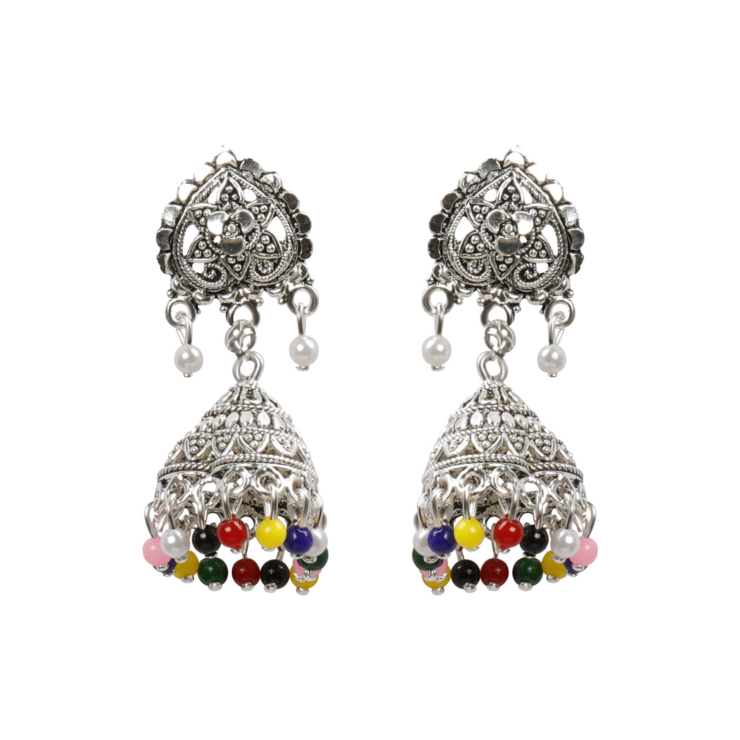     			Silver Shine Alluring Multicolor Flower and Beads Jhumki Earrings