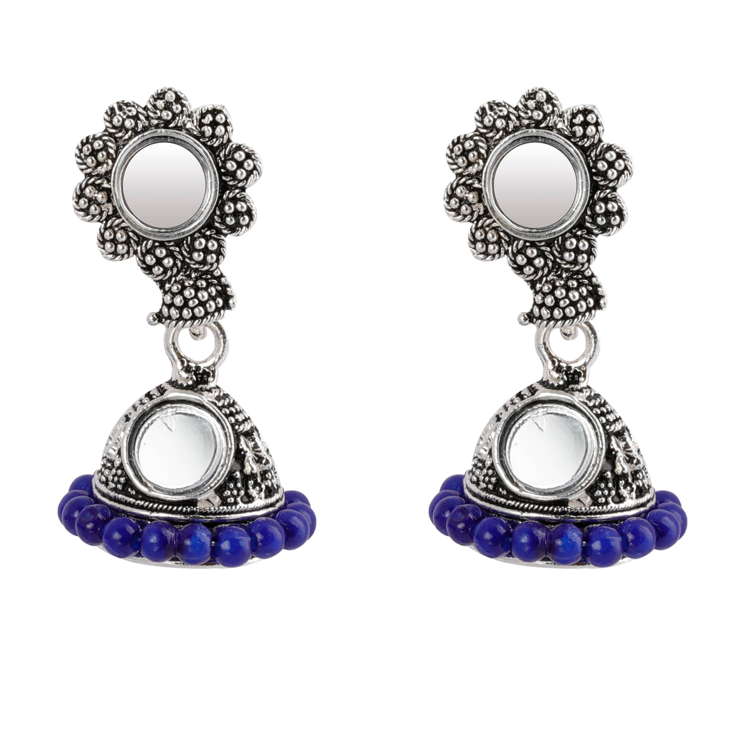     			Silver Shine Appealing Blue Mirror with Beads Jhumki Earrings
