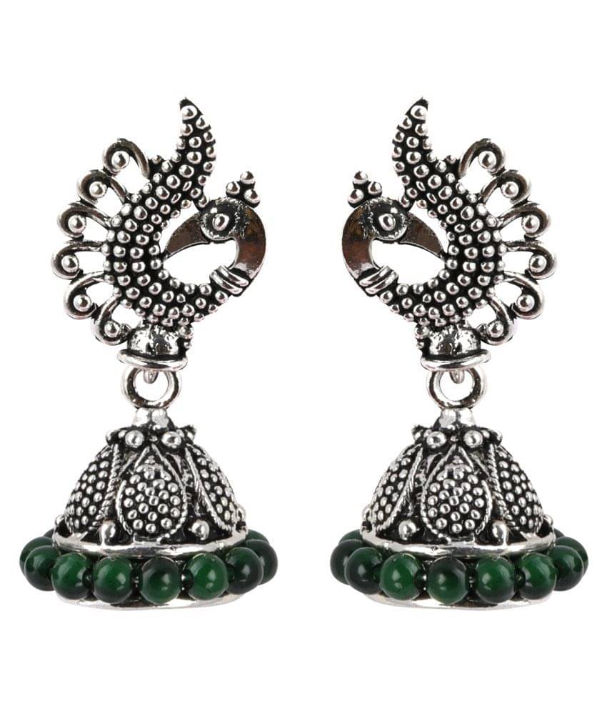     			Silver Shine Beautiful Green Beads in Peacock Shape Jhumki Earrings