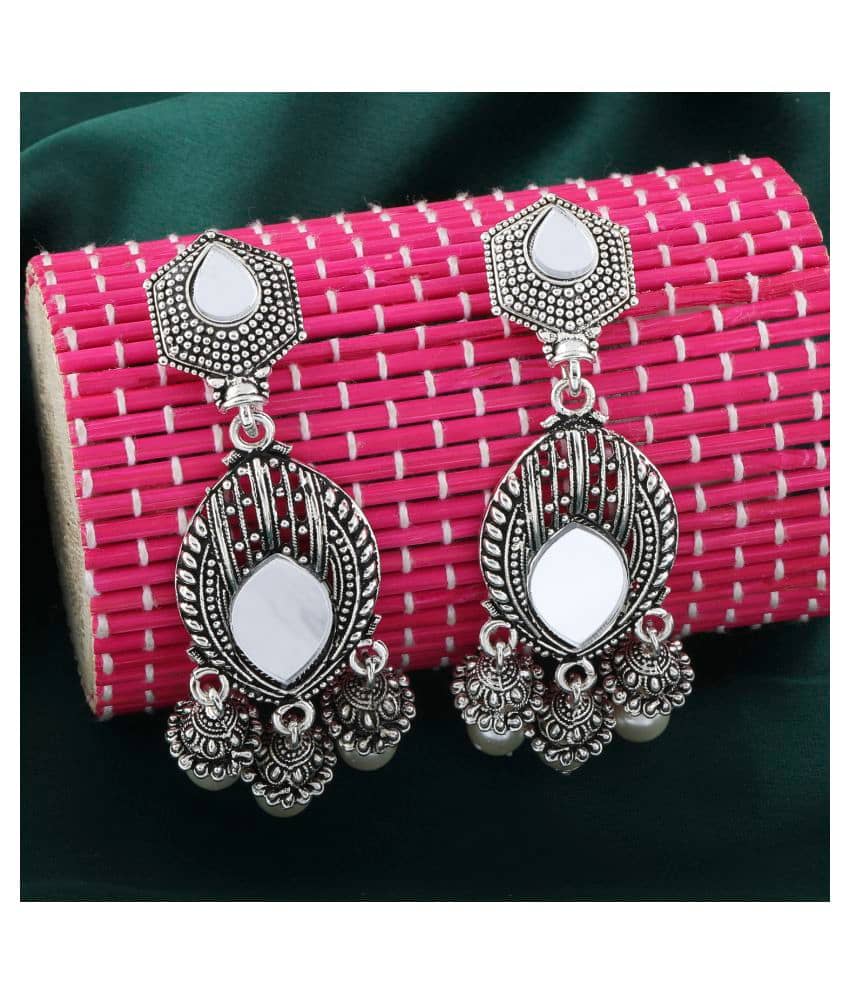 Silver Shine Classic Silver Geometric Pearl  Mirror Earrings - Earrings | Buy online on ZillyBuy