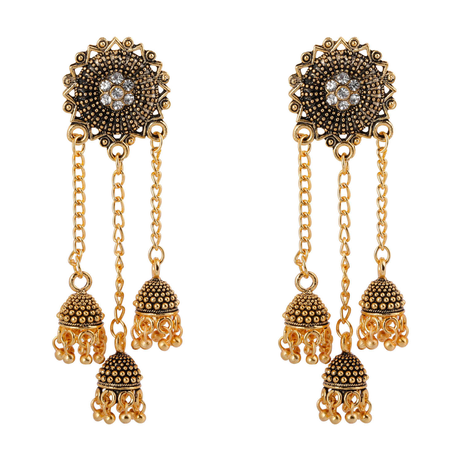     			Silver Shine Dazzling Round Flower 3 Dangler Jhumki Earrings for Women