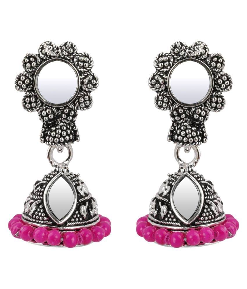     			Silver Shine Elegant Pink Mirror with Beads Jhumki Earrings