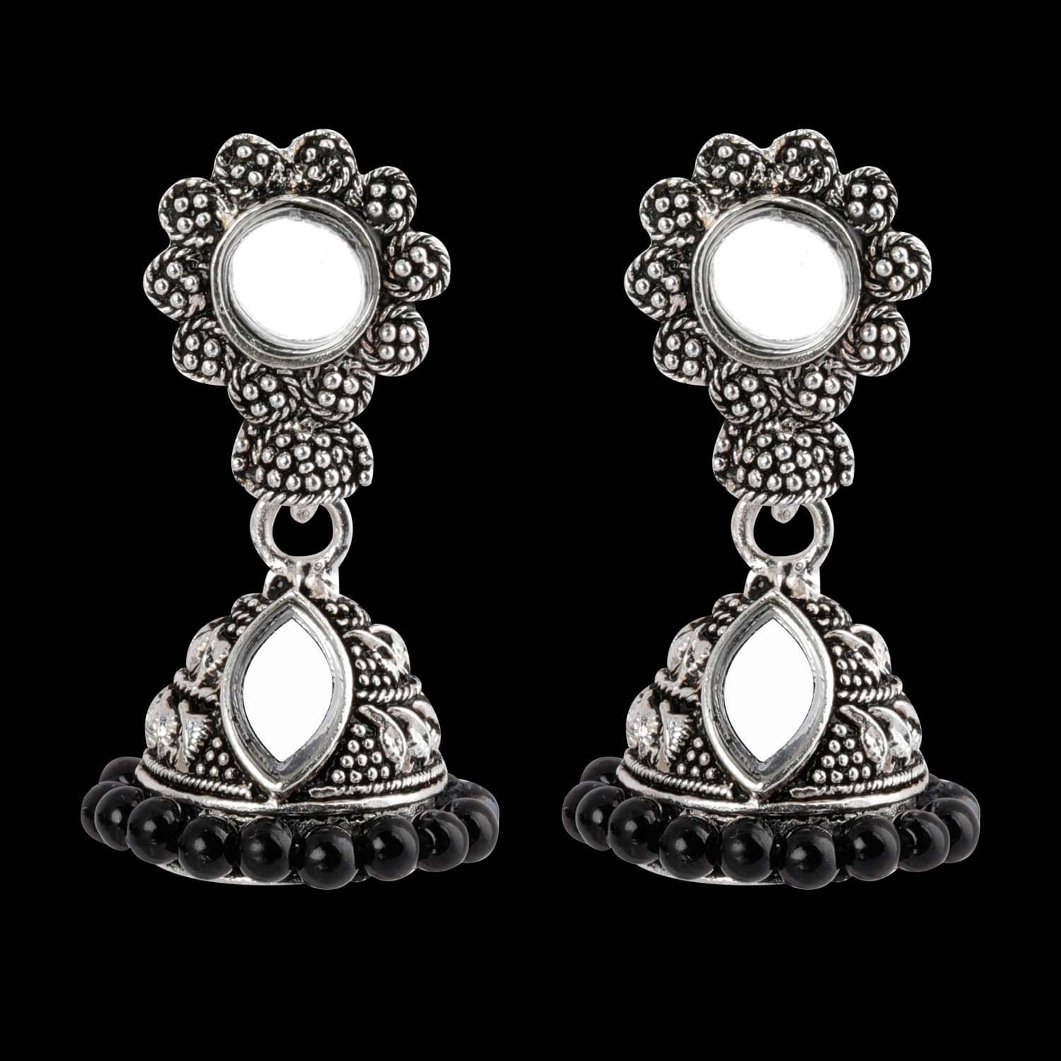     			Silver Shine Pretty Black Mirror with Beads Jhumki Earrings