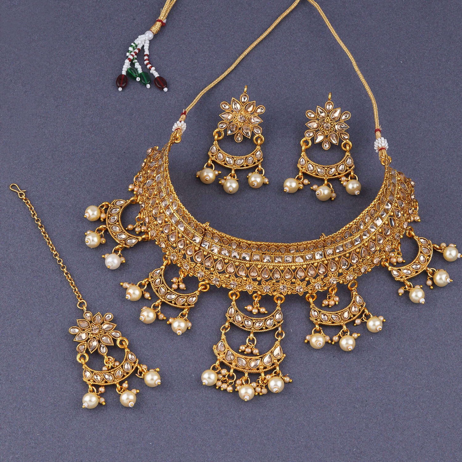     			Silver Shine Alloy Golden Choker Traditional Gold Plated Necklaces Set