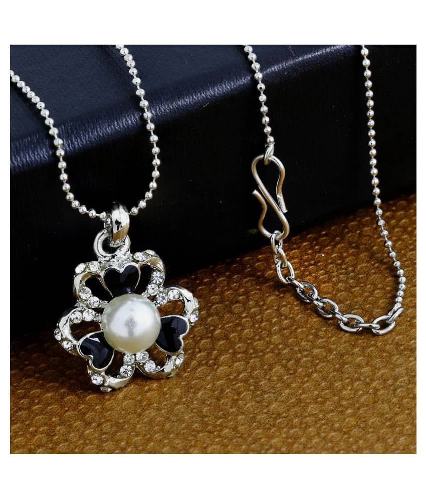 The Jewelbox Enamel CZ Flower Black Brass American Diamond Pearl Necklace Pendant Chain Set Girls Women