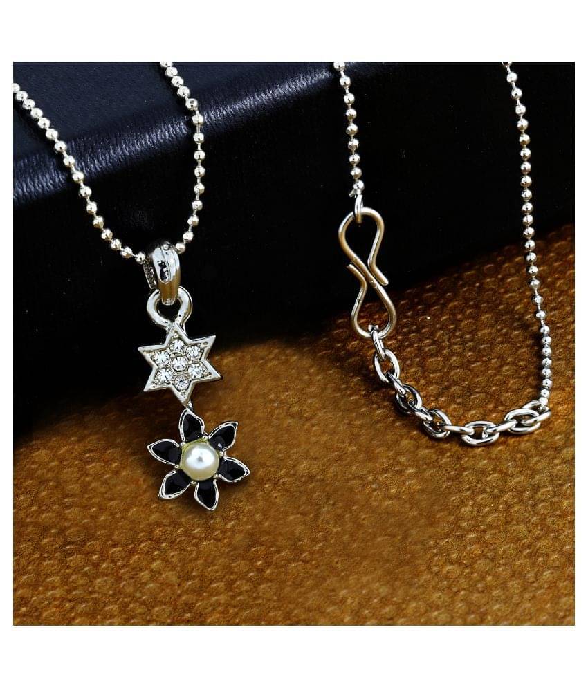     			The Jewelbox Star Flower CZ Rhodium Black Brass American Diamond Necklace Pendant Chain Set Girls Women