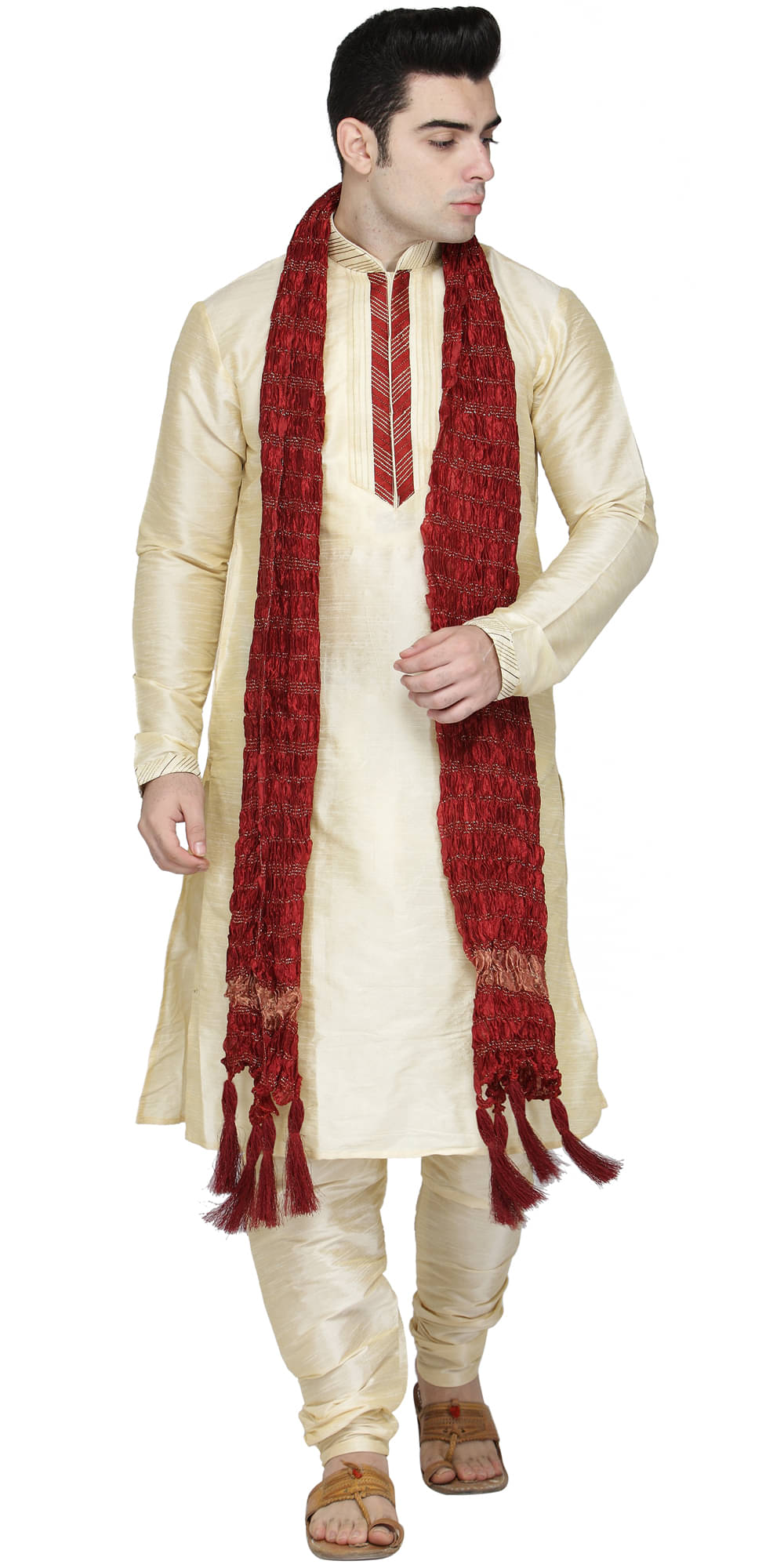     			SKAVIJ Beige Silk Blend Kurta Pyjama Set