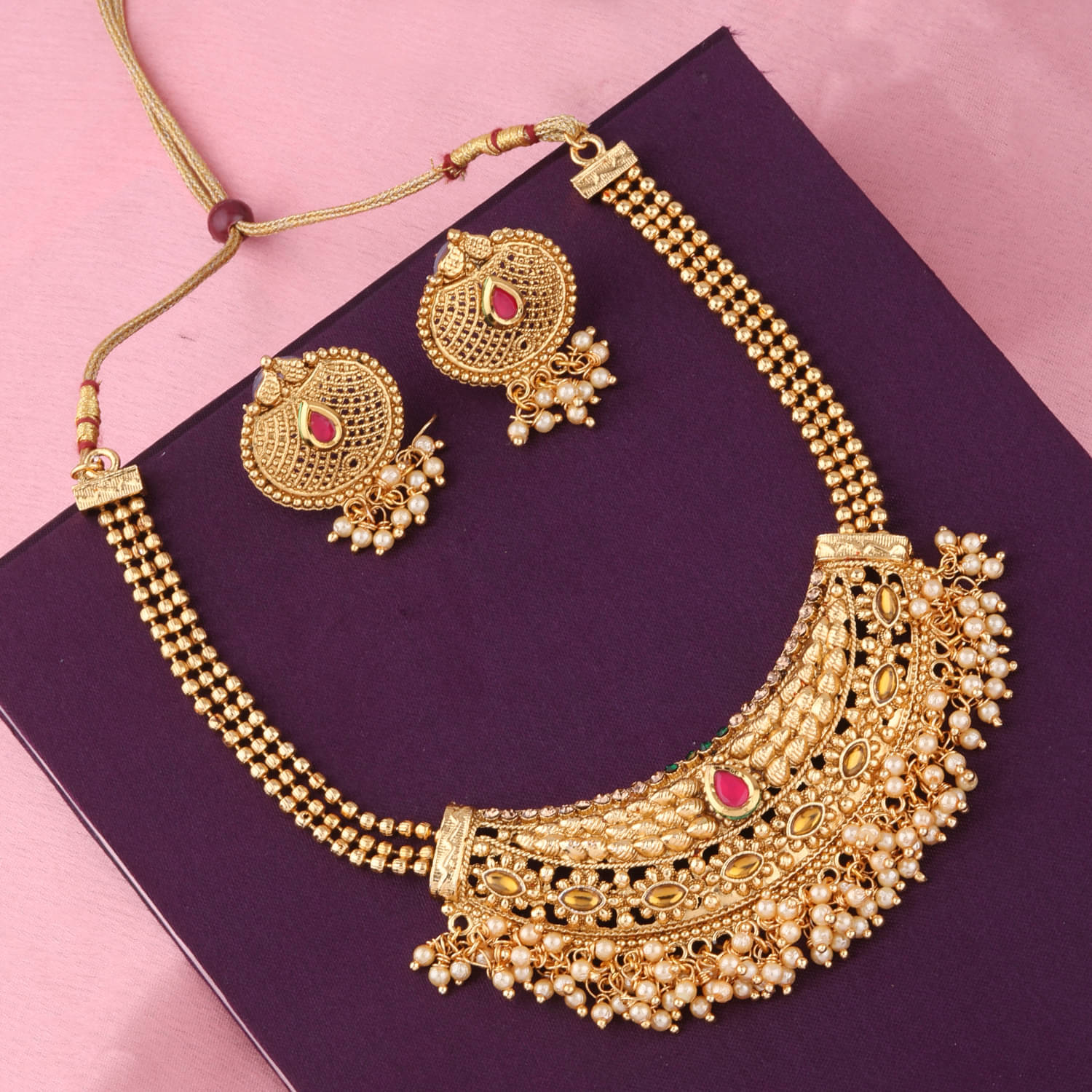     			Silver Shine Alloy Golden Choker Gold Plated Necklaces Set