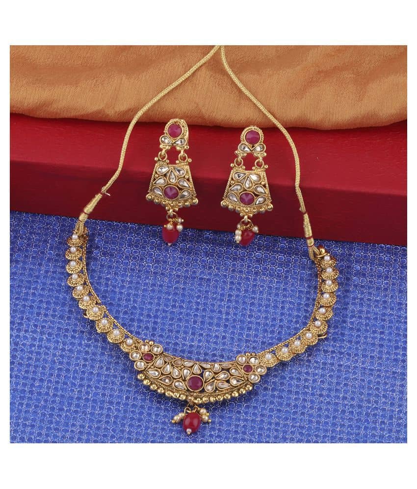 Silver Shine Exclusive Traditional Gold Plated Red Kundan stone studded Bead Drop Designer Bridal Wedding Necklace Jewellery Set for Girls And women