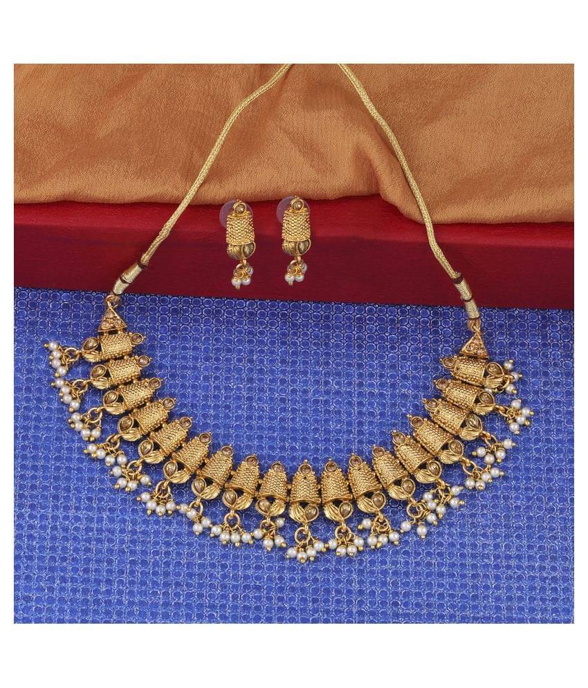     			Silver Shine Alloy Golden Choker Traditional Gold Plated Necklaces Set