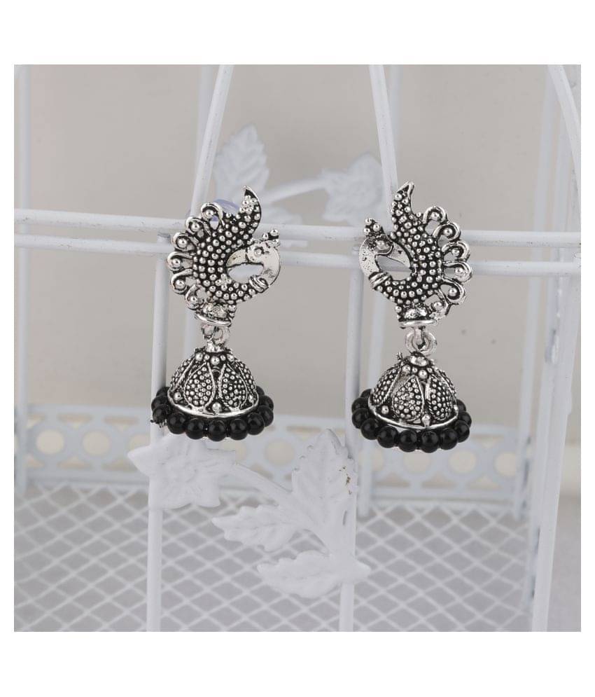     			Silver Shine Alluring Yellow Beads in Peacock Shape Jhumki Earrings