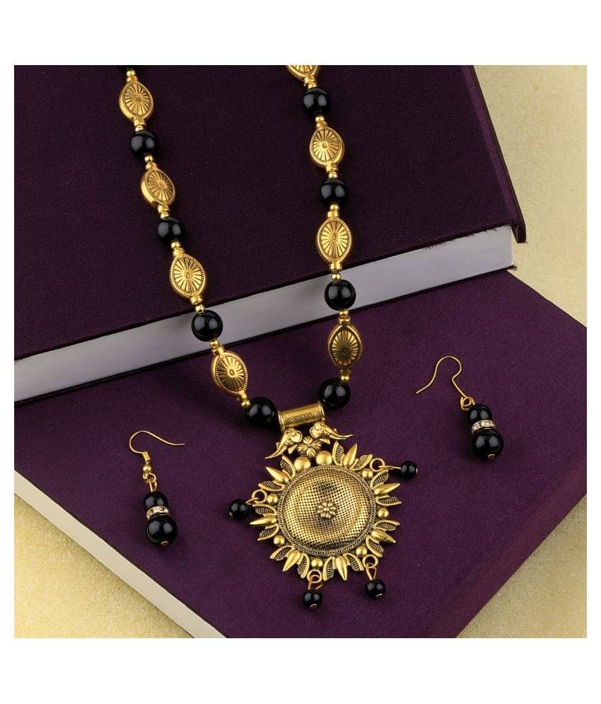 SILVERSHINE Ethic Designer Adjustable Gold Oxidised Pendant Black Pearl mala set for Women girl SILVERSHINE Ethic Designer Adjustable Gold Oxidised Pendant Black Pearl mala set for Women girl