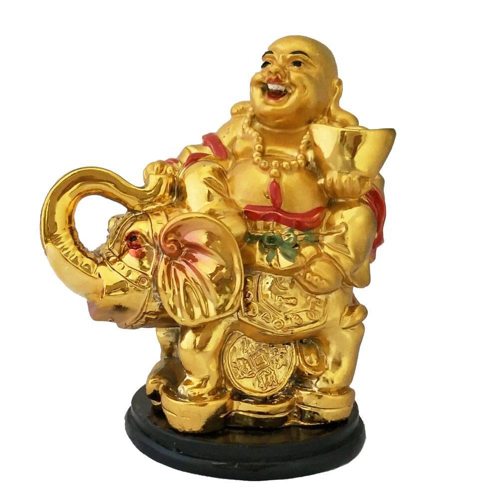    			Happy Man Laughing Buddha Riding Trunk Up Elephant and Holding Ingot Statue For Attracting Money Wealth