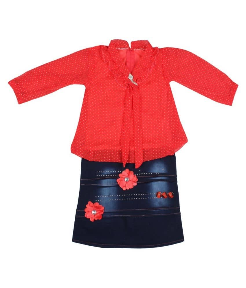 Arshia Fashions Denim Shift Dress For Girls ( Pack of 1 , Red )