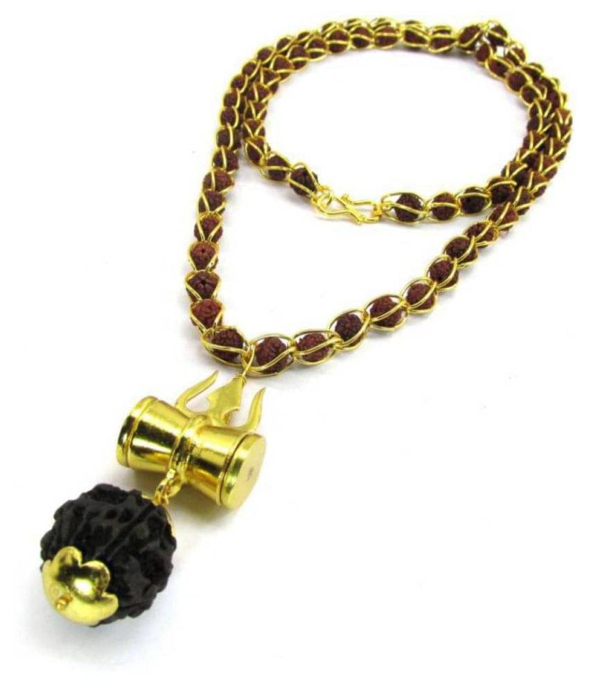     			NITIN ART Shiv Shakti Kavach 5 Mukhi Rudraksha Mala With Shiv Trishul & Damru Brass Necklace Brass Brass Pendant Set
