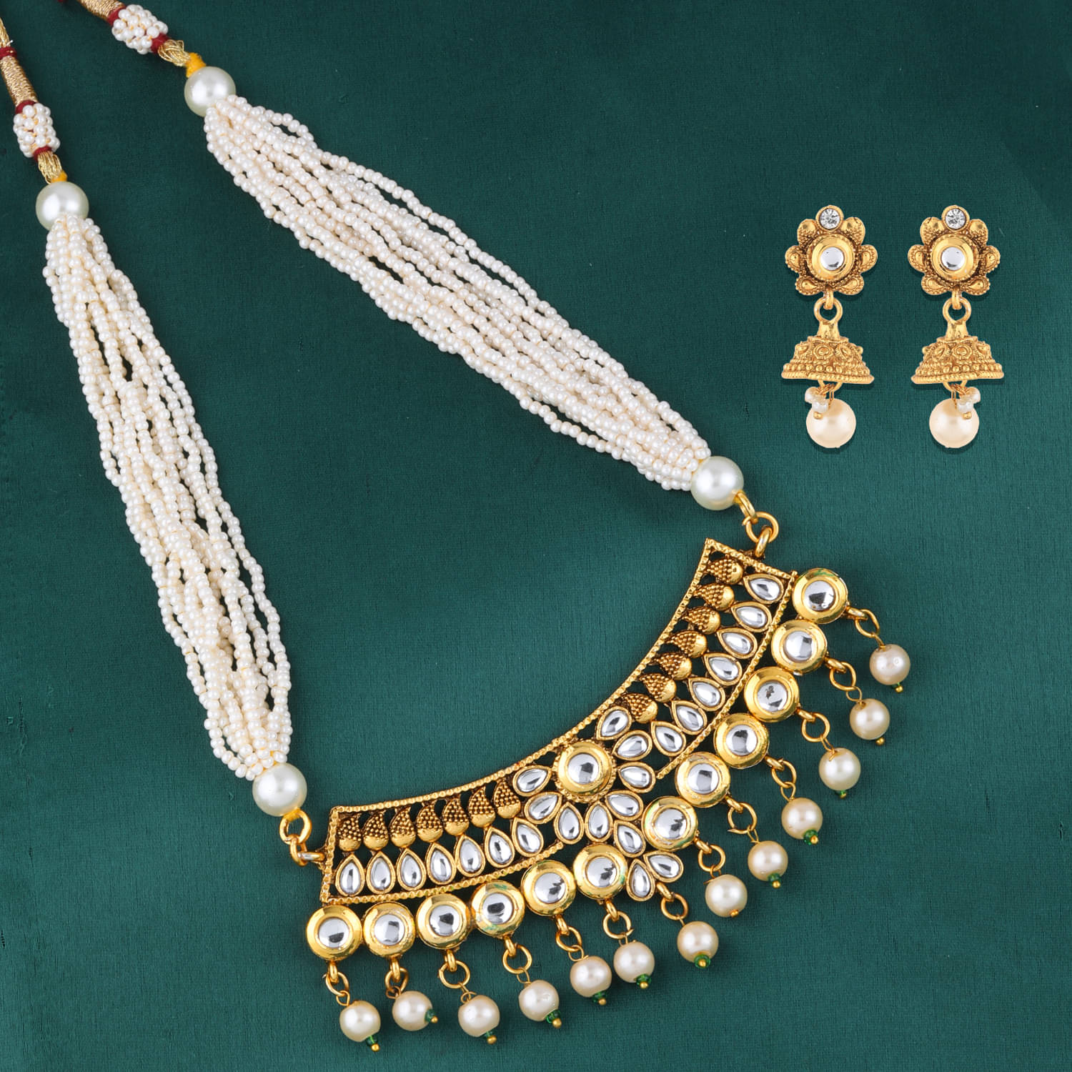     			Silver Shine Alloy Golden Choker Traditional Gold Plated Necklaces Set