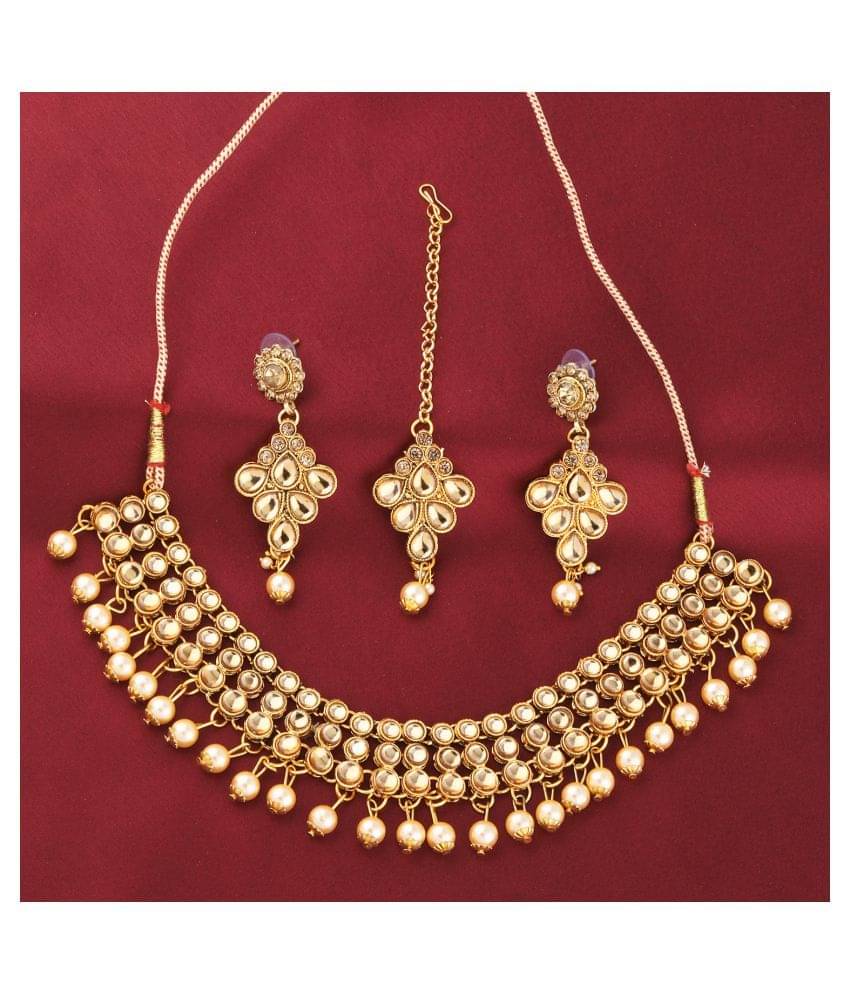     			Silver Shine Alloy Golden Choker Traditional Gold Plated Necklaces Set